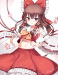  1girl bow brown_hair detached_sleeves hair_bow hair_tubes hakurei_reimu highres midriff navel papo red_eyes ribbon-trimmed_sleeves ribbon_trim shirt skirt solo touhou wide_sleeves 