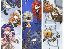  1boy 6+girls :o ;( absurdres aircraft arcana_(paradise_regained)_(reverse:1999) arcana_(reverse:1999) black_boots black_coat black_dress black_veil blindfold blue_bow blue_hair blue_veil boater_hat boots bow brown_boots brown_coat brown_hat buddy_fairchild centauroid chibi chimera clouds coat colored_tears dress ferrofluid finger_to_mouth fishbowl_helmet fur-trimmed_coat fur-trimmed_hood fur_hat fur_trim gloves green_eyes grey_eyes grey_hair grey_sky hair_bun hat hat_bow helicopter highres holding holding_suitcase hood jumpsuit looking_at_another looking_at_viewer moldir_(reverse:1999) monster_girl mountain multiple_girls nautika_(reverse:1999) object_head orange_hair papakha reverse:1999 rope_ladder short_hair single_side_bun single_tear sky sonetto_(reverse:1999) sonetto_(winter)_(reverse:1999) sophia_(manus_vindictae)_(reverse:1999) sophia_(reverse:1999) squirrel strapless strapless_dress suitcase sweat talons taur triptych_(art) two-tone_veil ulrich_(reverse:1999) unhyang unilog_(reverse:1999) urd_(reverse:1999) veil vertin_(reverse:1999) vertin_(winter)_(reverse:1999) wand_in_head white_gloves white_hat white_jumpsuit yellow_eyes 