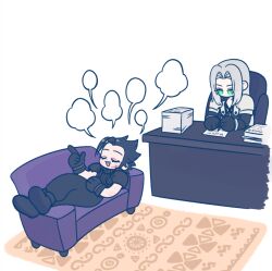  105zz 2boys armor black_boots black_coat black_gloves black_hair black_pants black_shirt blank_speech_bubble boots chain chest_strap closed_eyes coat couch cross_scar crossed_ankles desk final_fantasy final_fantasy_vii full_body gloves green_eyes grey_hair hair_slicked_back holding holding_pen long_hair male_focus medium_hair multiple_boys open_mouth pants paper_stack parted_bangs pauldrons pen reclining rug scar scar_on_cheek scar_on_face sephiroth shirt shoulder_armor sideburns sitting sleeveless sleeveless_turtleneck slit_pupils smile speech_bubble suspenders talking turtleneck white_background writing zack_fair 