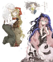  ... 1boy 4girls :d bare_shoulders black_dress black_gloves black_hair black_hands black_veil blonde_hair blue_eyes blue_veil brown_gloves brown_jacket brown_skirt centauroid chimera colored_extremities cropped_legs dress ferrofluid fishbowl_helmet gloves grey_pants hair_over_one_eye hand_on_another's_shoulder hat headscarf highres holding hug hutsutoka jacket long_hair long_skirt moldir_(reverse:1999) monster_girl multiple_girls nautika_(reverse:1999) one_eye_covered open_mouth pants pink_hair plunging_neckline red_headscarf red_scarf reverse:1999 scarf shirt skirt smile speech_bubble spoken_ellipsis strapless strapless_dress taur translation_request two-tone_veil ulrich_(reverse:1999) veil very_long_hair vila_(reverse:1999) white_background white_hair white_hat white_shirt windsong_(reverse:1999) yuri 