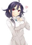  1girl hand_on_own_chest kankitsunabe_(citrus) kantai_collection long_hair low_twintails magatama purple_hair red_eyes ribbed_sweater sweater taigei_(kantai_collection) turtleneck twintails 