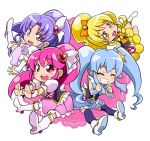  4girls aino_megumi arm_warmers black_legwear blonde_hair blue_hair blue_skirt boots bow closed_eyes crown cure_fortune cure_honey cure_lovely cure_princess frills grin hair_bow hair_ornament hair_ribbon happinesscharge_precure! heart_hair_ornament hikawa_iona knee_boots long_hair magical_girl mini_crown multiple_girls no_nose oomori_yuuko orange_bow osusitan pink_eyes pink_hair pink_skirt ponytail precure purple_hair purple_skirt ribbon shirayuki_hime shoes skirt smile thigh-highs thigh_boots twintails violet_eyes white_boots white_shoes wrist_cuffs yellow_eyes yellow_skirt 