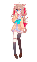 1girl ahoge animal_ears aqua_bow aqua_bowtie asymmetrical_legwear black_shoes black_socks black_thighhighs blue_eyes blue_sailor_collar blue_skirt bow bowtie brown_hair cardigan cat_ears cat_tail commentary_request full_body hair_between_eyes hair_ornament hair_ribbon heart heart_hair_ornament highres long_hair long_sleeves miniskirt neuro-sama open_mouth red_ribbon ribbon sailor_collar shoes simple_background single_sock single_thighhigh skirt socks solo tail tail_bow tail_ornament thigh-highs two_side_up uneven_legwear user_hmyv8473 vedal_ai virtual_youtuber white_background yellow_cardigan 