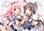  5girls :d animal_ears ass blush brown_hair cup dress fang in_container in_cup long_hair maid maid_headdress minigirl multiple_girls open_mouth original pan_(mimi) panties pink_eyes pink_hair pinstripe_pattern rabbit_ears short_dress smile striped striped_panties tail teacup teapot tray underwear 