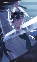  2boys absurdres black_eyes black_hair black_shirt black_wings broken_glass clenched_teeth coat collared_shirt covering_head crying crying_with_eyes_open curled_up demon_horns different_reflection feathered_wings glass goo_g000 highres holding holding_sword holding_weapon horns imminent_attack kim_dokja knees_up male_focus multiple_boys official_alternate_costume oldest_dream omniscient_reader&#039;s_viewpoint open_clothes open_coat open_mouth popped_collar pov red_eyes reflection shirt short_hair sword tears teeth weapon white_coat wide-eyed wings 