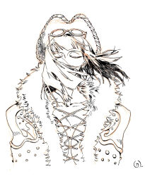  1girl blunt_bangs closed_eyes coat covered_mouth cowboy_hat cross-laced_clothes cross-laced_top eyewear_on_head floating_hair hashtag-only_commentary hat highres lineart medium_hair nico_robin one_piece simple_background siyangou49 solo upper_body 