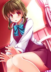  1girl :o bangs bed_sheet blue_bow blue_bowtie blunt_bangs blush bow braid collared_shirt curtains dress green_hair hair_ribbon indoors kantai_collection long_sleeves looking_at_viewer on_bed open_mouth outstretched_arms purple_ribbon red_dress red_eyes ribbon sakuranoyukke shiny shiny_skin shirt short_hair sidelocks single_braid sitting solo stretch sunlight takanami_(kantai_collection) thighs wavy_mouth white_shirt 