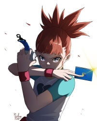  1girl black_eyes blue_card blue_shirt broken_heart_print brown_hair card cowboy_shot d-ark digimon digimon_tamers high_ponytail holding holding_card makino_ruki nathan_stefv ponytail print_shirt shaded_face shirt simple_background solo white_background white_shirt 