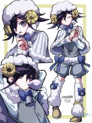  1boy absurdres animal_costume animal_hood bell black_hair blue_bow blue_bowtie bow bowtie brown_shoes closed_eyes closed_mouth danganronpa_(series) danganronpa_v3:_killing_harmony facing_viewer fur_socks grey_shorts hair_between_eyes highres hood horns kujira_pyon_ka looking_at_viewer neck_bell oma_kokichi own_hands_together sheep_costume sheep_hood sheep_horns shoes shorts smile solo 