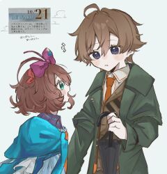  1boy 1girl black_coat black_umbrella blue_background blue_dress blue_eyes blue_scarf bow brown_hair brown_vest closed_umbrella coat collared_shirt dress flutterpage game_screenshot_inset hair_bow hat hat_bow holding holding_umbrella looking_at_another multiple_hair_bows necktie notice_lines oliver_fog open_mouth orange_necktie orange_scarf profile purple_bow red_bow reverse:1999 scarf senkichi_(sen_kchi) shirt short_hair two-tone_scarf umbrella upper_body vest white_shirt 