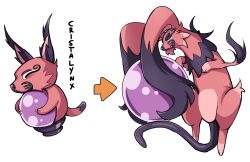  arrow_(symbol) claws commentary english_commentary evolution fakemon full_body highres no_humans oninuer orange_fur orb original pokemon pokemon_(creature) simple_background very_long_ears white_background 