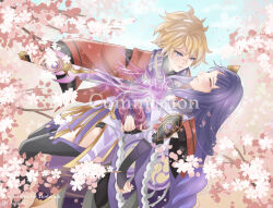 1boy 1girl arm_up asami_7teen black_panties black_thighhighs blonde_hair blue_sky blunt_bangs blurry blush branch bridal_gauntlets cherry_blossoms closed_eyes closed_mouth clouds cloudy_sky commission couple curly_hair depth_of_field drawing_sword electricity english_commentary friends genshin_impact glowing glowing_sword glowing_weapon hair_ornament hand_on_another's_back hetero high_ponytail highres holding holding_sword holding_weapon human_scabbard japanese_clothes katana kazuha's_friend_(genshin_impact) kimono leaning_back leaning_forward leaning_on_person leaning_to_the_side long_hair long_sleeves looking_down mitsudomoe_(shape) multicolored_hair musou_isshin_(genshin_impact) outdoors panties parted_lips pink_lips ponytail purple_hair purple_kimono raiden_shogun red_sash sash scar scar_on_face scarf shade sheath sky smile streaked_hair sword sword_between_breasts teeth thigh-highs thighs tomoe_(symbol) tree underwear violet_eyes weapon 