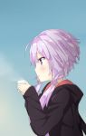  1girl blowing blue_background blush hair_ornament holding_cup hoodie kami_shun0505 long_hair long_sleeves low_twintails simple_background solo steam twintails upper_body violet_eyes vocaloid voiceroid yuzuki_yukari 