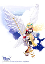  1girl 2002 2004 archived_source armor belt black_shirt black_sleeves black_socks blonde_hair blue_eyes blush breastplate company_name copyright_name cross-laced_straps dated feathered_wings floating_hair full_body gauntlets greaves hair_between_eyes head_wreath heterochromia holding holding_staff knee_armor loincloth long_hair long_sleeves looking_at_viewer loose_belt milktea_(aoiexk) official_art over-kneehighs pauldrons poleyn ragnarok_online red_eyes sarong shirt shoulder_armor silver_armor simple_background socks solo staff teeth thigh-highs thigh_strap valkyrie valkyrie_(ragnarok_online) very_long_hair white_sarong white_wings wings yellow_loincloth 
