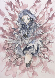  1girl aqua_eyes disembodied_hand hood ikeda_ruriko jewelry kesa kumoi_ichirin looking_at_viewer pendant purple_hair solo touhou traditional_media 