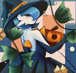  alternate_color artist_name black_dress black_gloves blue_hair colored_skin dress elbow_gloves flower gardevoir glam_mars gloves hair_over_one_eye hat highres holding holding_pumpkin looking_at_viewer looking_back mega_gardevoir mega_pokemon orange_eyes pokemon pokemon_(creature) pumpkin shiny_pokemon strapless strapless_dress white_skin witch_hat 