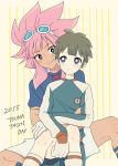  2boys blush brown_hair dark_skin gloves goggles goggles_on_head hug hug_from_behind inazuma_eleven inazuma_eleven_(series) long_hair male_focus multiple_boys pikara pink_hair short_hair smile soccer_uniform sportswear tachimukai_yuuki tsunami_jousuke yaoi 