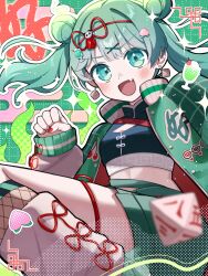  1girl :d absurdres alternate_costume aqua_eyes arm_up black_bustier bustier cherry_print chinese_commentary clenched_hand commentary dice double_bun earrings egasumi fang flower food_print fruit_print green_background green_jacket green_shorts grid_background hair_bun hair_ornament hair_ribbon hao_(vocaloid) hatsune_miku heart highres jacket jewelry leg_warmers long_sleeves looking_at_viewer midriff mishio_(misio_40) open_clothes open_jacket open_mouth polyhedral_dice red_nails red_ribbon revision ribbon shorts smile solo twintails vocaloid water_lily_flower white_leg_warmers white_ribbon x_hair_ornament 