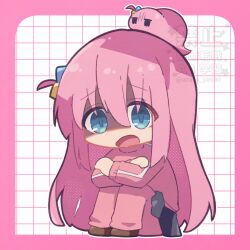  1girl absurdres arata_yasiki black_skirt blue_eyes bocchi_the_rock! border chibi chibi_only commentary_request cube_hair_ornament gotoh_hitori gotoh_hitori_(tsuchinoko) grid_background hair_between_eyes hair_ornament highres jacket knees_up long_bangs long_hair long_sleeves looking_at_viewer miniskirt no_nose open_mouth outline outside_border pants pants_under_skirt pink_border pink_hair pink_jacket pink_pants shaded_face sitting skirt solo track_jacket track_pants twitter_username very_long_hair watermark white_background white_outline 