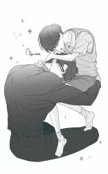  2boys arm_around_neck black_hair black_shirt black_shorts closed_eyes collared_shirt commentary_request crossed_ankles grey_vest greyscale hand_on_another&#039;s_back head_down highres hug invisible_chair kim_dokja korean_commentary maga_mok23 male_focus monochrome multiple_boys oldest_dream omniscient_reader&#039;s_viewpoint secretive_plotter shirt short_hair shorts sitting slouching vest white_shirt yoo_joonghyuk 