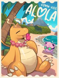  antennae beach blue_sky colored_skin day dragonite english_text flower food highres holding holding_food holding_popsicle jigglypuff licking no_humans open_clothes orange_skin outdoors palm_tree pink_flower pink_fur pokemon pokemon_(creature) pokemon_usum popsicle sand sitting sky tree wolfang_fh 