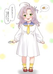  1girl absurdres aged_down blue_sailor_collar commentary_request curry curry_rice dress food frilled_socks frills green_eyes grey_hair highres kantai_collection kinugasa_(kancolle) kinugasa_kai_ni_(kancolle) long_hair looking_at_viewer mary_janes neckerchief one_side_up red_shoes rice sailor_collar sailor_dress sakurai_nana_(moshichi) shoes smile socks solo speech_bubble standing thought_bubble translation_request white_dress yellow_neckerchief yellow_socks 
