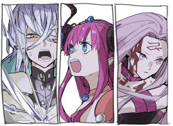  1boy 2girls armor asclepius_(fate) asclepius_(third_ascension)_(fate) bare_shoulders bikini_armor bleeding blood blood_from_forehead blue_eyes breasts closed_mouth crossed_bangs dragon_girl dress elizabeth_bathory_(brave)_(fate) elizabeth_bathory_(fate) facial_mark fate/grand_order fate_(series) forehead_mark green_eyes grey_hair hair_between_eyes highres horns jacket ki_wa001 large_breasts long_hair looking_at_viewer medusa_(fate) medusa_(rider)_(fate) multiple_girls open_mouth pauldrons pink_hair pointy_ears purple_hair red_armor shoulder_armor silver_trim simple_background small_breasts sweatdrop upper_body very_long_hair violet_eyes white_background white_hair 