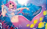  1girl air_bubble bangle bracelet bubble coral coral_reef dolphin fish fish_tail fumio_(ura_fmo) game_cg hairband happy hatsuru_koto_naki_mirai_yori jewelry long_hair looking_at_viewer meltyna mermaid monster_girl navel open_mouth pink_eyes pink_hair pointing underwater 
