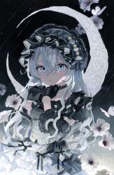  1girl acrylic_paint_(medium) black_bow black_dress black_gloves black_hairband black_ribbon blue_eyes bow breasts bug butterfly butterfly_on_hand choker closed_mouth collarbone commentary_request corset crescent_moon dated detached_sleeves double-parted_bangs dress flower frilled_dress frilled_hairband frills gloves gothic_lolita gradient_clothes gradient_dress grey_dress hair_between_eyes hairband hands_up highres lace-trimmed_choker lace_trim layered_dress lolita_fashion lolita_hairband long_hair looking_at_viewer moon night night_sky original painting_(medium) pearl_choker ribbon ribbon-trimmed_hairband signature sky small_breasts solo standing star_(sky) starry_sky traditional_media twitter_username uni_(setsuna_gumi39) upper_body very_long_hair watermark white_corset white_flower white_hair 