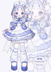  1girl :d arm_up artist_name asymmetrical_legwear blue_dress blue_hair blue_shoes blue_socks blunt_bangs blush braid commentary commission dress frilled_dress frills full_body hair_ornament hat highres long_hair looking_at_viewer open_mouth original outline shoes short_sleeves simple_background smile socks solo standing striped_clothes striped_socks symbol-only_commentary thigh-highs twin_braids uneven_legwear upa_papa_co watermark white_background white_hat white_outline white_socks white_thighhighs wrist_cuffs x_hair_ornament zoom_layer 