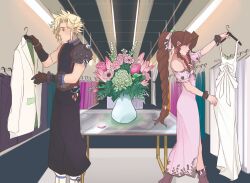  1boy 1girl absurdres aerith_gainsborough armor armored_gloves baggy_pants bangle bare_shoulders belt black_pants black_shirt blonde_hair boots bracelet braid braided_ponytail breasts brown_belt brown_boots brown_gloves brown_hair cloud_strife couple dissidia_final_fantasy dress earrings feet_out_of_frame final_fantasy final_fantasy_vii flower gloves green_eyes hair_bobbles hair_ornament hair_ribbon hetero highres indoors jacket jewelry long_dress long_hair materia medium_breasts official_alternate_costume pants parted_bangs pauldrons pink_dress pink_flower pink_ribbon pink_rose pink_tulip puffy_short_sleeves puffy_sleeves ribbon rose shirt shopping short_hair short_sleeves shoulder_armor sidelocks silver_trim single_bare_shoulder single_braid single_earring single_pauldron skirtzzz sleeveless sleeveless_turtleneck spiky_hair suit_jacket suspenders table tulip turtleneck vase wedding_dress white_boots white_dress white_jacket 