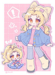  ! :3 animal_ear_headwear animal_ears antenna_hair beanie blonde_hair blue_boots blue_cape blue_coat blush boots border brown_eyes cape cat_ears chibi chibi_inset coat detached_sleeves dissidia_duellum_final_fantasy dissidia_final_fantasy dress final_fantasy final_fantasy_v full_body fur-trimmed_coat fur_trim grey_thighhighs grid_background hat highres krile_mayer_baldesion_(ff5) leotard long_hair low_twintails multiple_views official_alternate_costume open_mouth pink_background pink_dress pink_leotard pink_sleeves ponytail ribbed_thighhighs short_dress smile spoken_exclamation_mark thigh-highs tkyuff twintails twitter_username white_border yellow_boots yellow_hat 