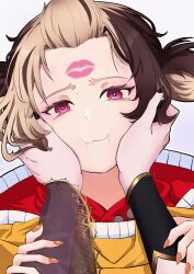  2girls bangs_pinned_back black_nails blush cecilia_immergreen chiga_ch gigi_murin gigi_murin_(1st_costume) hands_on_another&#039;s_face highres hololive hololive_english hood hoodie lipstick_mark multicolored_hair multiple_girls orange_hood orange_hoodie orange_nails pink_eyes pov pov_hands squeezing_cheeks squishing two-tone_hair virtual_youtuber yuri 