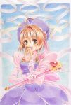  1girl antenna_hair brown_hair card cardcaptor_sakura colored_pencil_(medium) covering_mouth dress fuuin_no_tsue gloves green_eyes hat holding jigoro_(mig60gummy) kinomoto_sakura long_sleeves petticoat pink_gloves purple_dress purple_hat short_hair solo traditional_media wand 