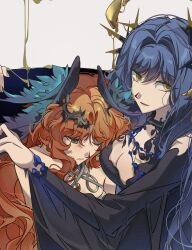  2girls ;/ absurdres arcana_(paradise_regained)_(reverse:1999) arcana_(reverse:1999) bare_shoulders black_dress blue_hair blue_wings colored_tears crown_of_thorns dress druvis_iii druvis_iii_(shrouded_in_thorns) feathered_wings green_eyes grey_background halter_dress halterneck hand_up head_on_chest head_wings highres looking_at_viewer multiple_girls official_alternate_costume orange_hair parted_lips reverse:1999 single_tear smile sweat unhyang upper_body wand_in_head wide_sleeves wings yellow_eyes 