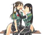  2girls black_hair blush brown_eyes brown_hair chikuma_(kantai_collection) commentary_request elbow_gloves gloves hair_ribbon kantai_collection long_hair multiple_girls one_eye_closed open_mouth pelvic_curtain ribbon sisenshyo sitting tears tone_(kantai_collection) tweezers twintails 
