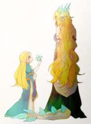  absurdres animal_earrings blue_dress blush braid circlet crown_braid dragon_ears dragon_horns dragon_tail dress flower full_body gold_trim green_eyes hand_on_own_arm highres holding holding_flower horns light_dragon_(zelda) long_dress long_hair looking_at_another monster_arm mori_(vvmorivv) pointy_ears princess_zelda silent_princess tail the_legend_of_zelda the_legend_of_zelda:_tears_of_the_kingdom thick_eyebrows white_background 