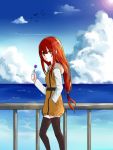  1girl candy casual clouds elesis_(elsword) elsword lollipop long_hair low-tied_long_hair ocean red_eyes redhead sky solo 