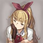  1girl alternate_costume blonde_hair blue_eyes bow cagliostro_(granblue_fantasy) chocolate food food_on_face granblue_fantasy hairband hanarito long_hair looking_at_viewer ponytail sexually_suggestive sidelocks solo 