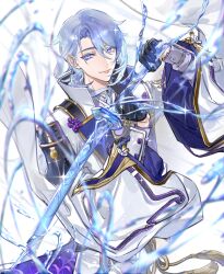  1boy arm_guards armor asymmetrical_armor asymmetrical_hair black_armor black_gloves blue_hair blurry closed_mouth coat colored_eyelashes colored_lapels curtained_hair depth_of_field genshin_impact gloves gold_trim hair_between_eyes hair_over_shoulder half_gloves hands_up highres holding holding_sword holding_weapon hydrokinesis japanese_armor kamisato_ayato lapels liquid_weapon long_sleeves looking_at_viewer male_focus medium_hair mole mole_under_mouth open_clothes open_coat pants parted_bangs popped_collar purple_shirt ribbon-trimmed_sleeves ribbon_trim shirt shoulder_armor single_sode smile sode solo sword tailcoat tassel two-sided_coat two-sided_fabric violet_eyes water weapon white_background white_coat white_pants wide_sleeves xrjingx 