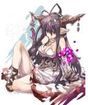  1girl antenna_hair black_gloves blood blood_stain bloody_clothes bloody_dress breasts cleavage crescent danua doraf dress finger_to_mouth fingerless_gloves gloves granblue_fantasy gretel_(granblue_fantasy) haku_(sabosoda) hansel_(granblue_fantasy) horn_ornament horns jewelry large_breasts long_hair necklace pointy_ears purple_hair red_eyes sitting sketch solo thumb_sucking torn_clothes torn_dress white_dress 