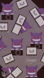  camera colored_sclera film_strip gengar ghost grin highres looking_at_viewer meme_(sleepsheep) no_humans open_mouth pokemon pokemon_(creature) pokemon_focus red_eyes red_sclera smile teeth 