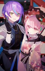  1boy 1other :d akiyama_mizuki asymmetrical_hair asymmetrical_sidelocks black_background black_gloves black_hat black_kimono blue_hair blurry blurry_background bow brown_umbrella closed_mouth commentary double-parted_bangs earrings eyes_visible_through_hair falling_petals flower food frilled_sleeves frilled_umbrella frills from_above gloves hair_between_eyes hand_on_another&#039;s_shoulder hand_up hat hat_flower hat_tip highres holding holding_food holding_umbrella japanese_clothes jewelry kamishiro_rui kawaranu_atatakasa_no_tonari_de_(project_sekai) kimono lace-trimmed_kimono lace_trim laylayhappy long_sleeves looking_at_viewer multicolored_hair neck_ribbon necklace official_alternate_costume official_alternate_hair_length official_alternate_hairstyle open_mouth petals pink_eyes pink_hair pink_kimono pink_petals pom_pom_(clothes) pom_pom_earrings project_sekai purple_hair red_flower red_ribbon red_rose ribbon rose shirt short_hair sidelocks simple_background single_sidelock smile streaked_hair symbol-only_commentary two-tone_hair umbrella upper_body white_bow white_shirt wide_sleeves yellow_eyes 