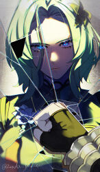  1girl artist_name black_gloves blue_eyes broken_glass broken_mirror closed_mouth commentary_request dress fingerless_gloves flower flower_hairpin flower_on_chest glass gloves green_dress green_flower green_hair hair_flower hair_ornament hair_over_one_eye highres isolde_(zenless_zone_zero) looking_at_mirror mirror mole mole_on_cheek red_pupils reflection solo turtleneck turtleneck_dress twitter_username white_flower zenless_zone_zero zunda_kaku 