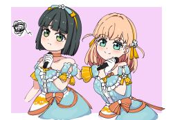  2girls :t aqua_eyes bare_shoulders black_hair blunt_bangs blunt_ends blush bob_cut border bow_hairband breasts celebration!_(love_live!) cerise_bouquet choker closed_mouth collarbone commentary cowboy_shot crossed_bangs detached_sleeves dress flower flower_hairband frilled_gloves frills frown gloves green_eyes hair_intakes hair_ornament hairband highres hinoshita_kaho holding holding_microphone link!_like!_love_live! love_live! medium_breasts medium_hair microphone momose_ginko multiple_girls orange_choker orange_hair orange_hairband outside_border pink_background puffy_short_sleeves puffy_sleeves raised_inner_eyebrows revision sen_yousoro short_hair short_sleeves simple_background smile split_mouth squiggle strapless strapless_dress twitter_username two_side_up virtual_youtuber white_border white_flower white_gloves 