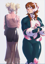  ! !! 2girls absurdres bag blackberreh-art blonde_hair boku_no_hero_academia brown_hair double_bun fingerless_gloves gloves hair_bun highres holding holding_phone lips multiple_girls muscular muscular_female parted_lips phone see-through_clothes see-through_shirt see-through_skirt shirt shoulder_bag skirt toga_himiko uraraka_ochaco wide-eyed 