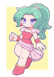  1girl armor blue_eyes blush boots border breasts closed_mouth dot_mouth dress earrings final_fantasy final_fantasy_vi full_body green_hair highres jewelry long_hair medium_breasts parted_bangs pink_sash ponytail red_boots red_dress sash shoulder_armor solo strapless strapless_dress terra_branford tkyuff tube_dress waist_sash white_border yellow_background 