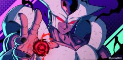  1boy absurdres black_lips colored_skin cooler_(dragon_ball) dragon_ball dragon_ball_z energy_ball highres horang4628 male_focus polka_dot polka_dot_background purple_background purple_skin red_eyes simple_background solo upper_body 