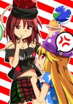  2girls american_flag_shirt anger_vein angry bare_shoulders belt blonde_hair breasts chain cleavage clenched_hands clothes_writing clownpiece collar commentary_request d:&lt; earth_(ornament) food_theft hat hecatia_lapislazuli height_difference jealous jester_cap jitome long_hair moja4192 moon_(ornament) multiple_girls off-shoulder_shirt open_mouth pudding red_eyes redhead shirt short_hair skirt smile smug spoken_anger_vein star t-shirt tears touhou very_long_hair 