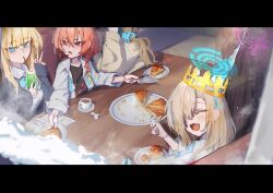  5girls absurdres akane_(blue_archive) akane_(school_uniform)_(blue_archive) asuna_(blue_archive) asuna_(school_uniform)_(blue_archive) asymmetrical_bangs black_hair black_halo blue_archive blue_bow blue_bowtie blue_cardigan blue_halo blue_nails blue_scrunchie bow bowtie braid breasts brown_cardigan cardigan cleaning_&amp;_clearing_(blue_archive) closed_eyes dark-skinned_female dark_skin doodle_sensei_(blue_archive) eating floral_print_shirt food hair_ornament hair_over_one_eye hair_scrunchie half_up_braid halo highres karin_(blue_archive) karin_(school_uniform)_(blue_archive) large_breasts loose_bowtie minibeat mole mole_under_each_eye mole_under_eye multiple_girls multiple_moles neck_ribbon neru_(blue_archive) neru_(school_uniform)_(blue_archive) official_alternate_costume open_cardigan open_clothes orange_hair plate purple_halo red_eyes ribbon scrunchie sensei_(blue_archive) shirt single_braid smile toki_(blue_archive) toki_(school_uniform)_(blue_archive) undone_neck_ribbon v white_shirt 